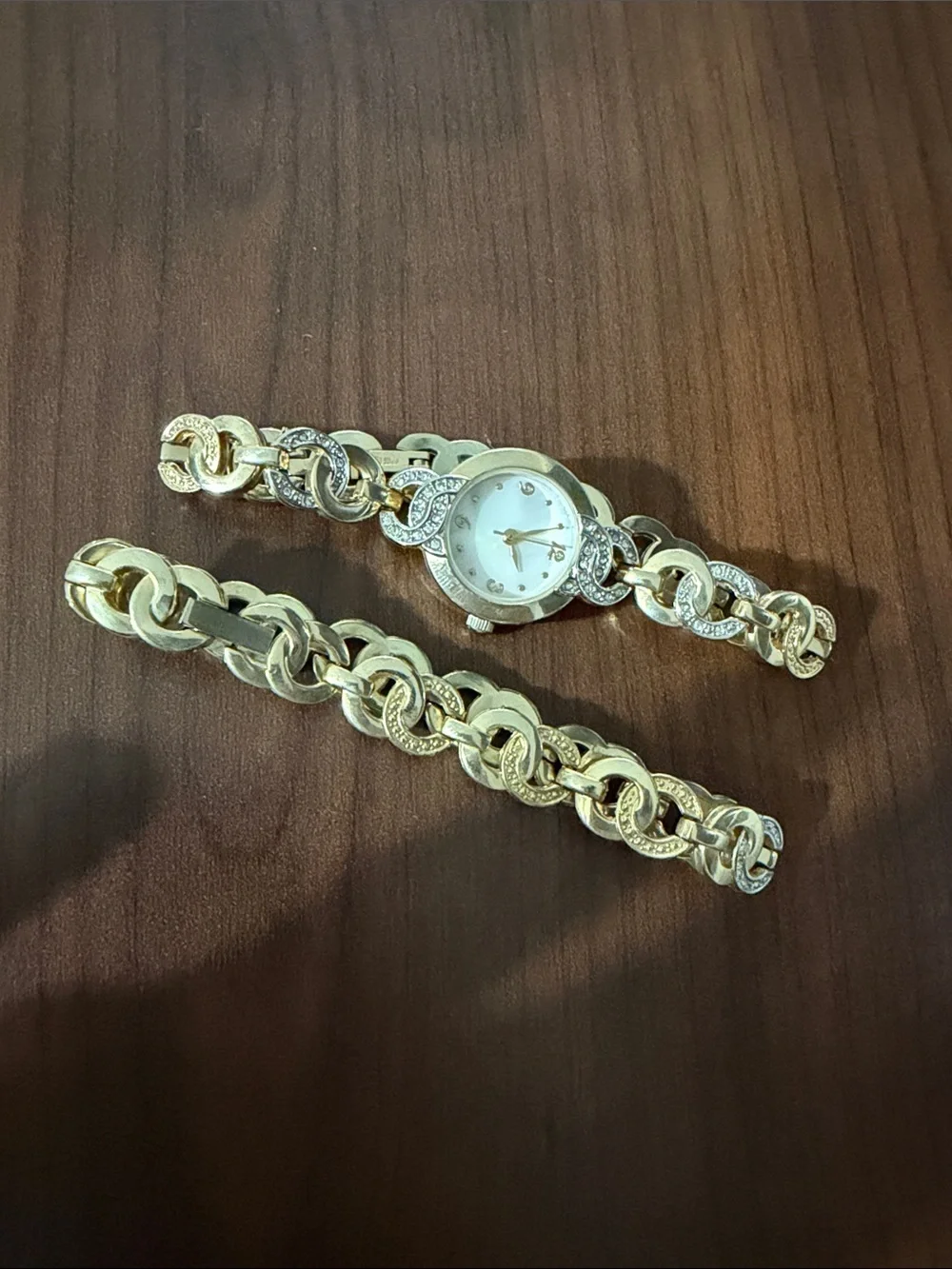 Gold-Tone Linked Bracelet Watch with Rhinestone Accents